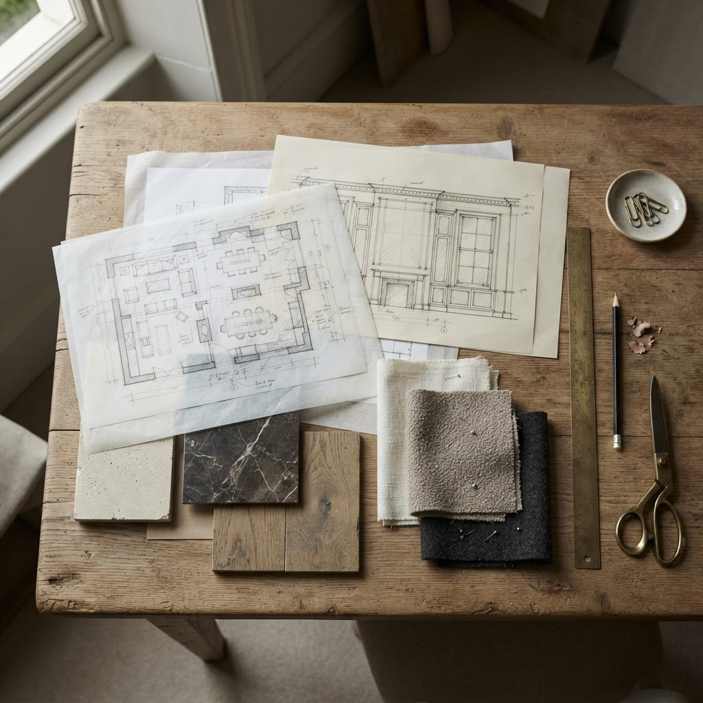Drawings and samples on an interior design worktable