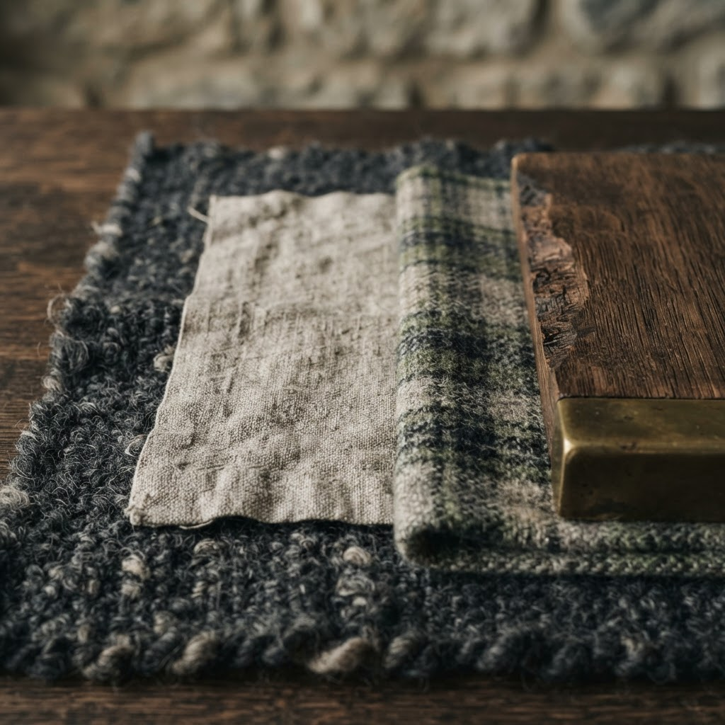 Wool, linen, oak and brass material study