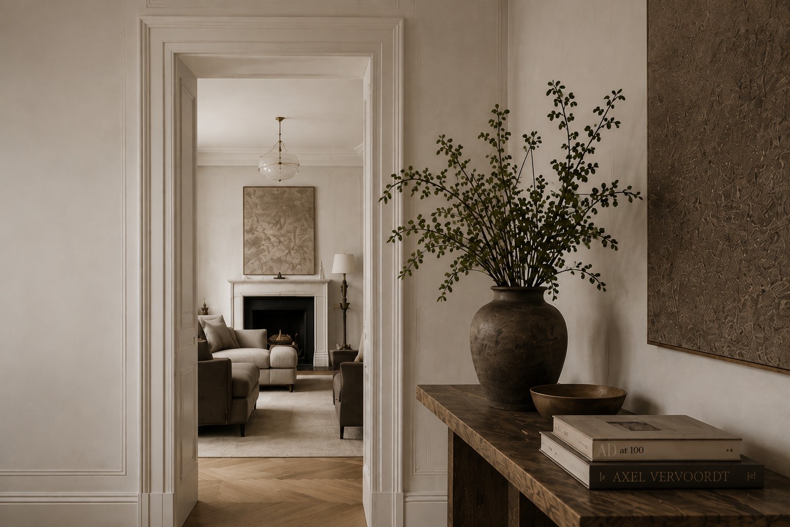 A warm neutral interior viewed through classical doorways, with a ceramic vessel and sculptural foliage in the foreground