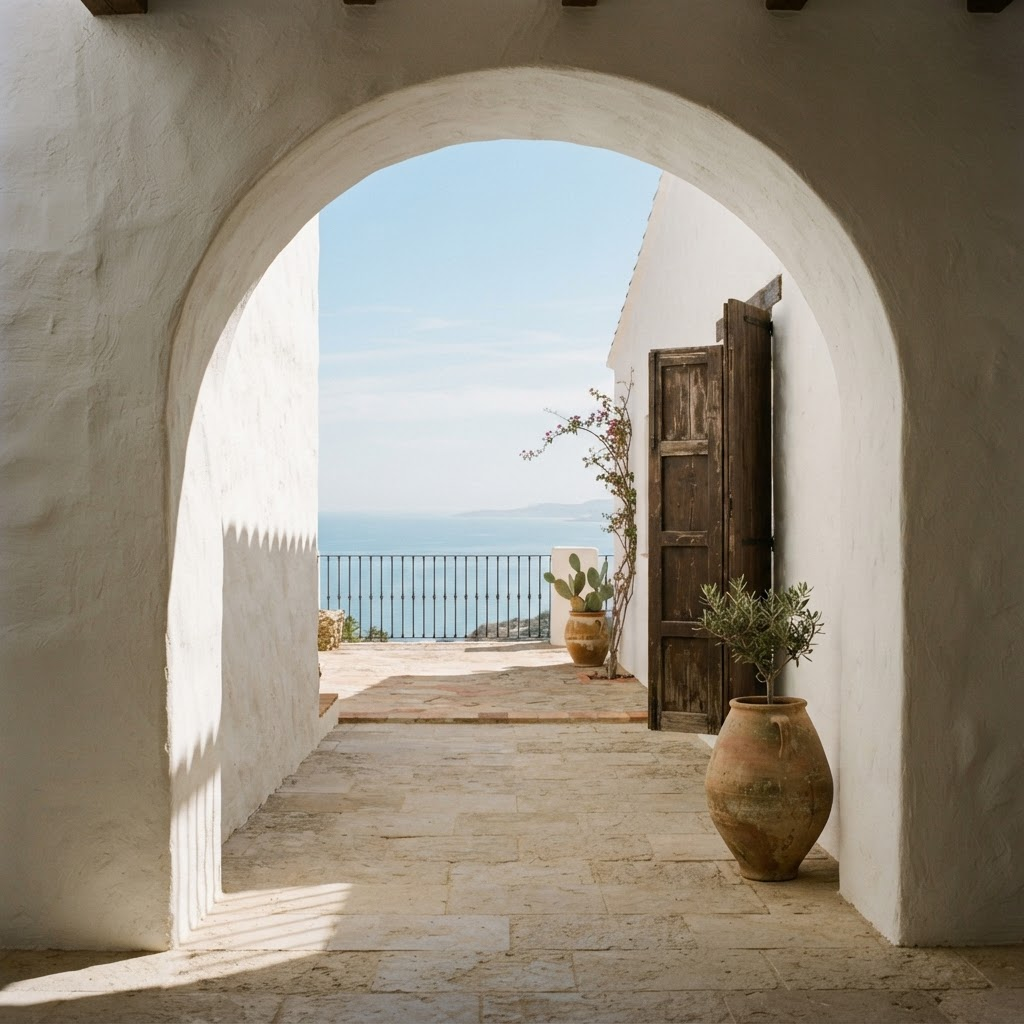 A sunlit Mediterranean arch framing a quiet coastal view