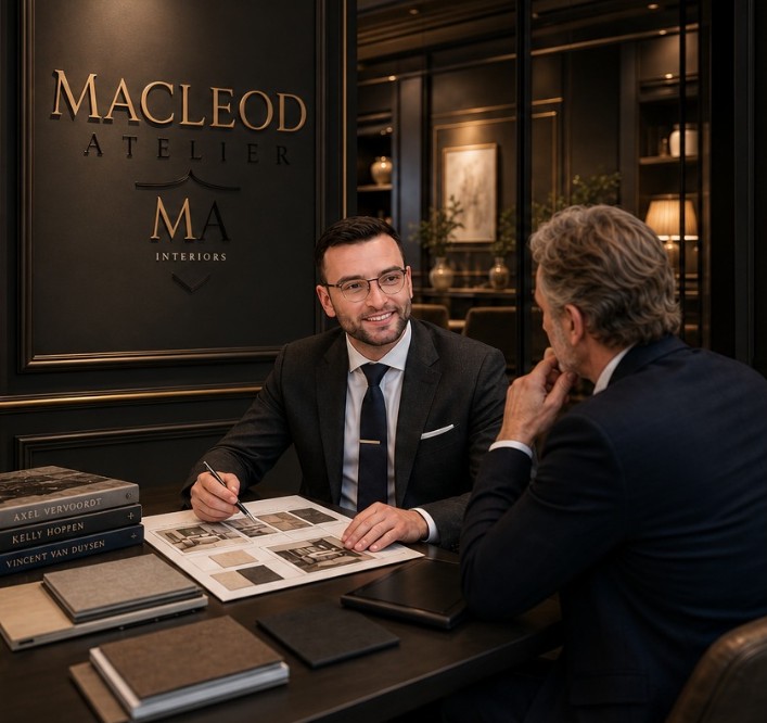 The founder of MacLeod Atelier reviewing drawings and material samples with a client