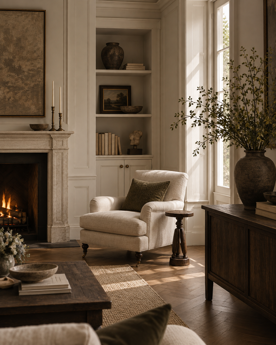 A considered sitting room with natural textures and a warm fireplace