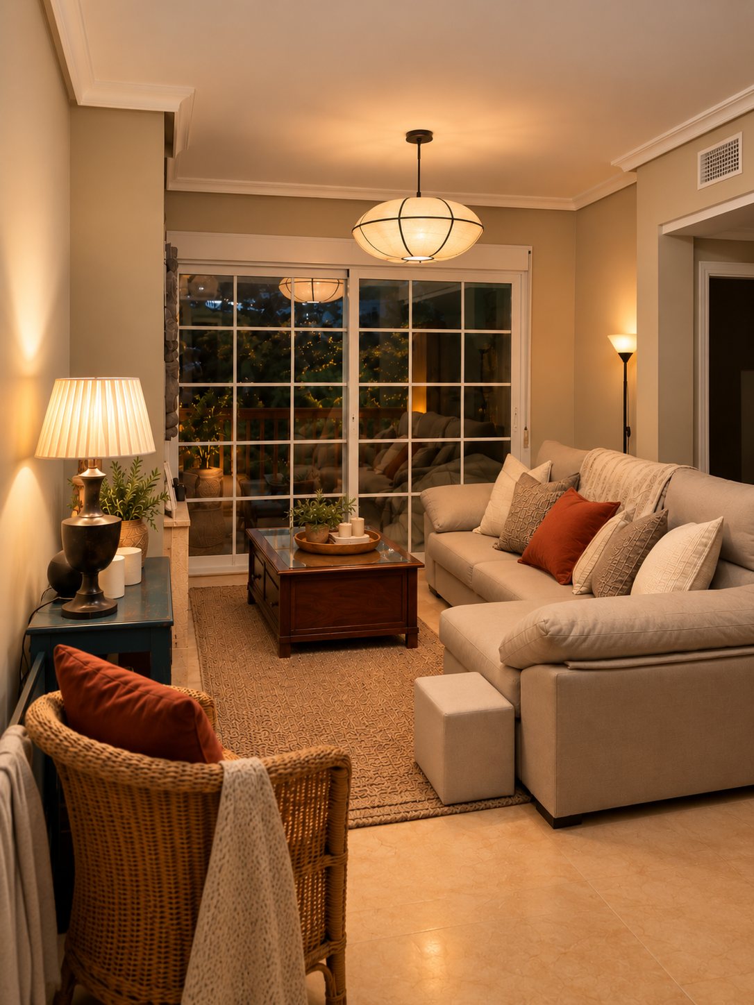 The Casa del Mar living room after, with warm neutral seating, layered lamps and a jute rug
