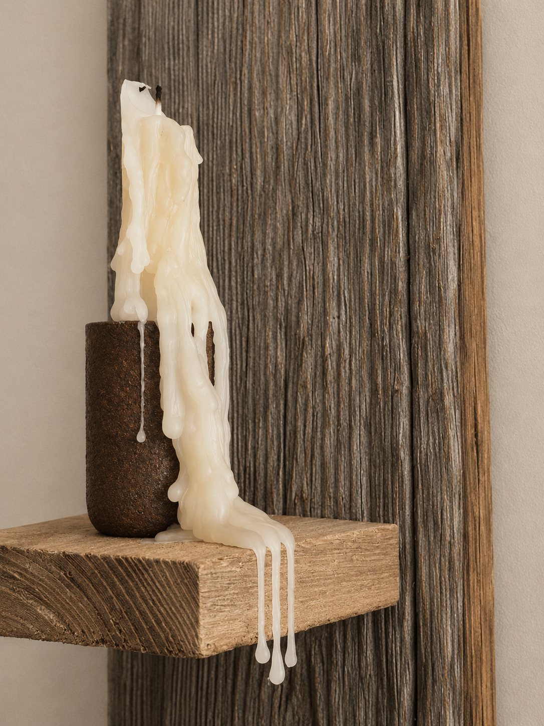 Dripping pillar candle on a reclaimed timber shelf at Casa del Mar