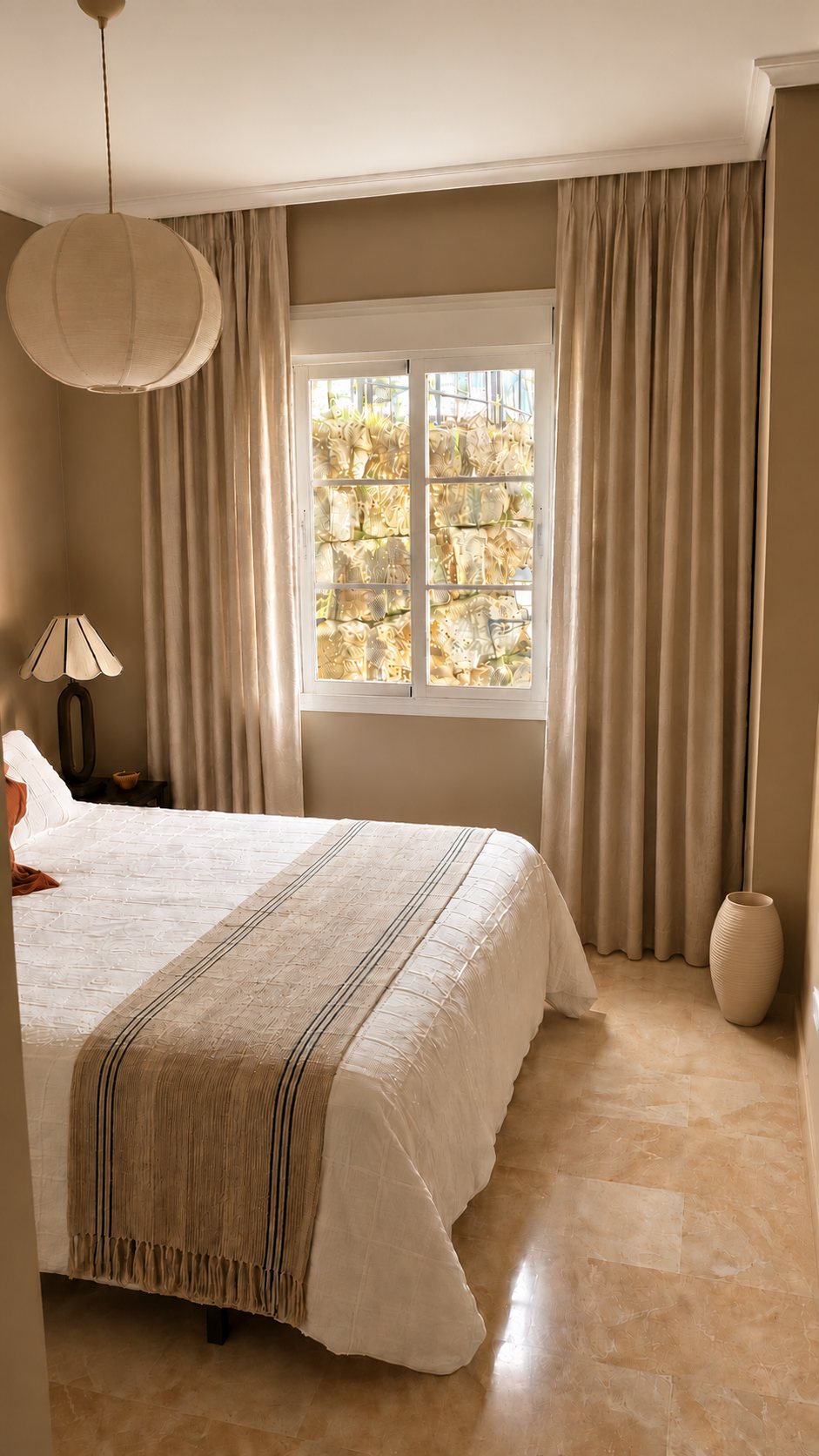 The Casa del Mar guest bedroom after, with full-height curtains and a striped bed runner