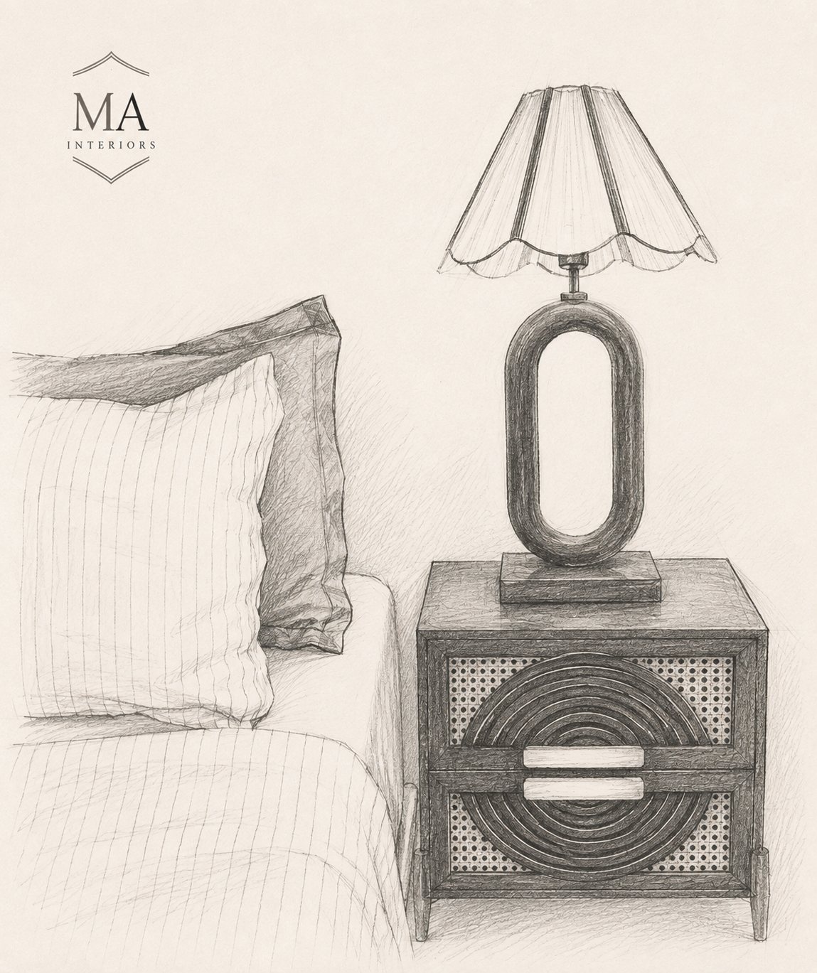 MacLeod Atelier hand sketch of the Casa del Mar bedside composition