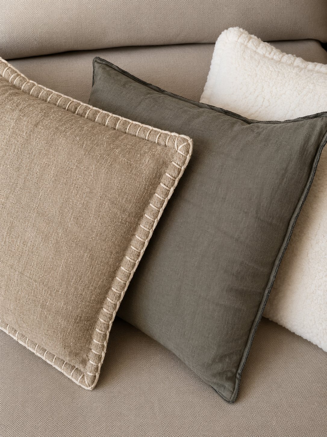 Linen cushions in sand, olive and cream on the living room sofa