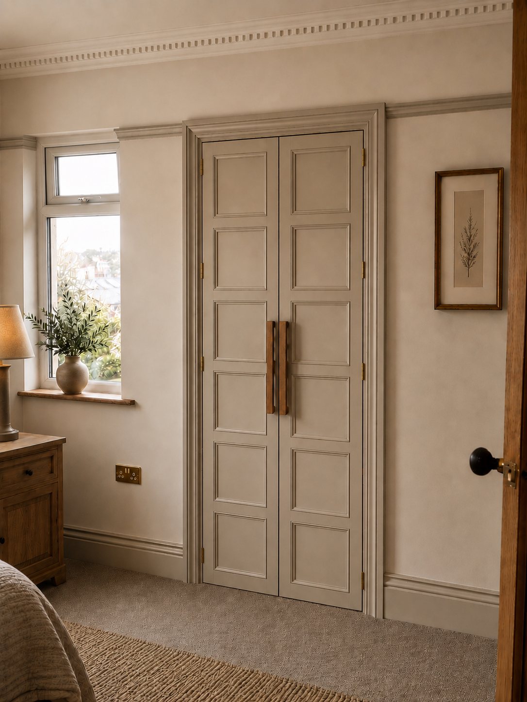 Second bedroom with tall panelled fitted wardrobe doors and timber handles beside the window