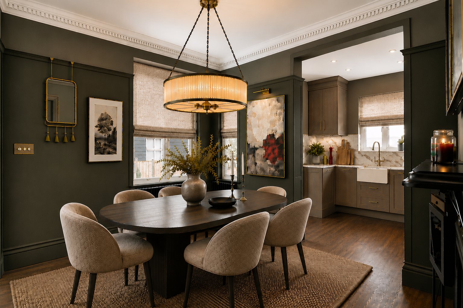 Dining room opening through an enlarged archway into the kitchen, with dark green walls and a pleated pendant
