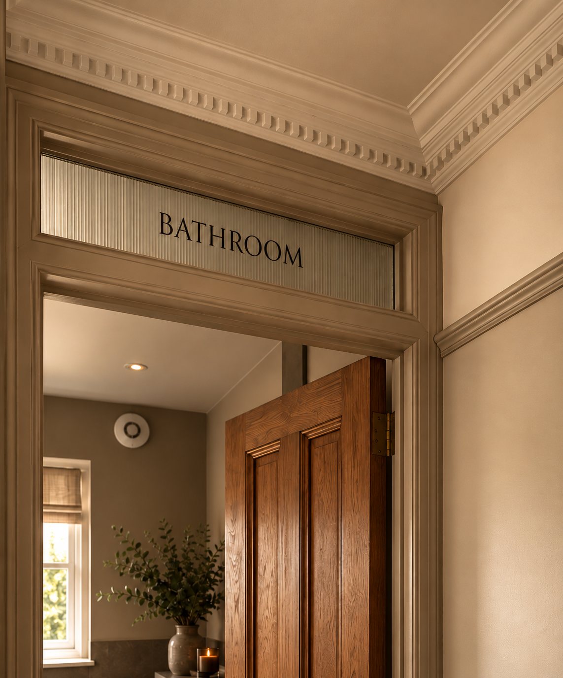 Classic moulded bathroom doorway with a lettered glass transom and an oak door