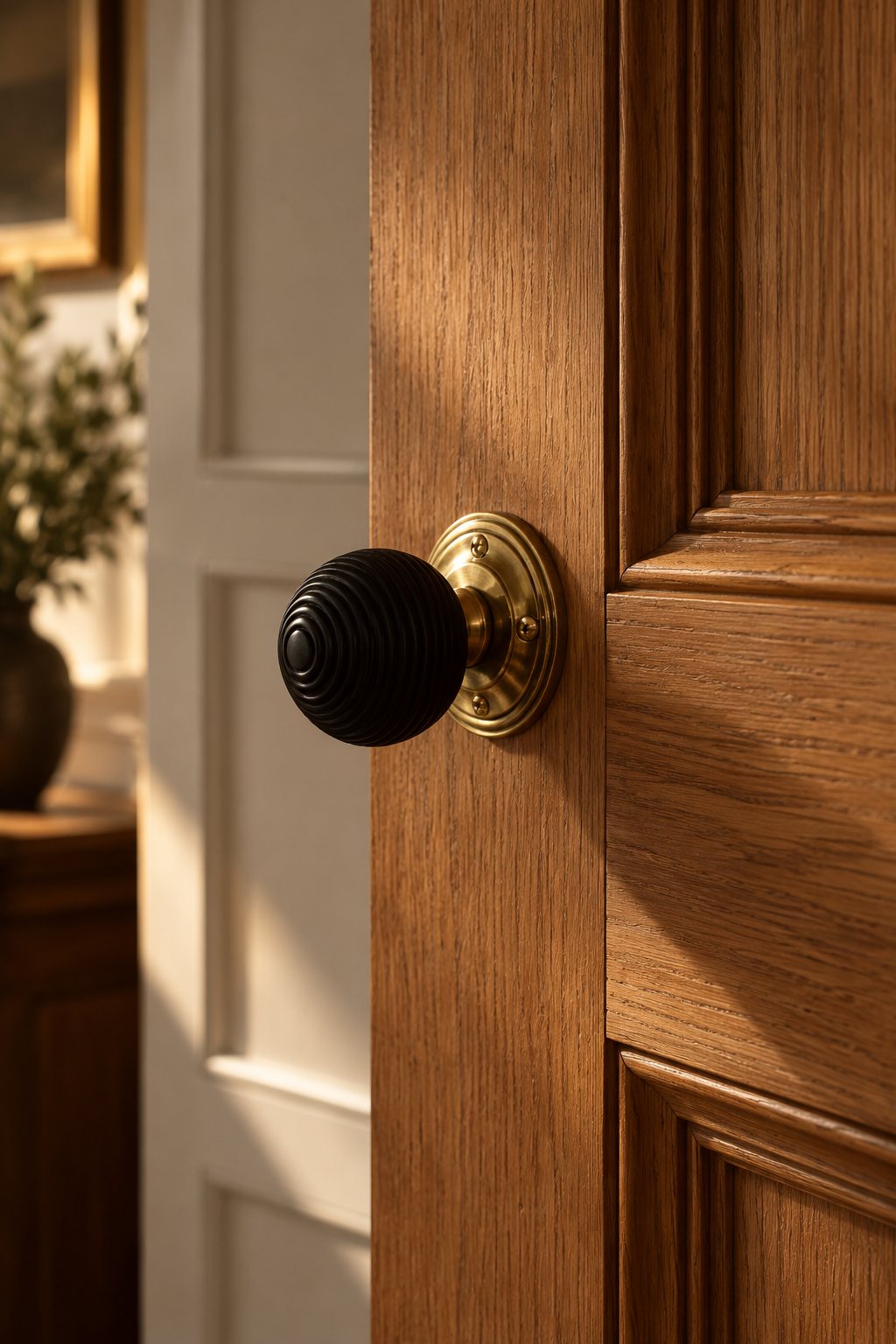 Black beehive door knob on a brass backplate fixed to a warm oak door