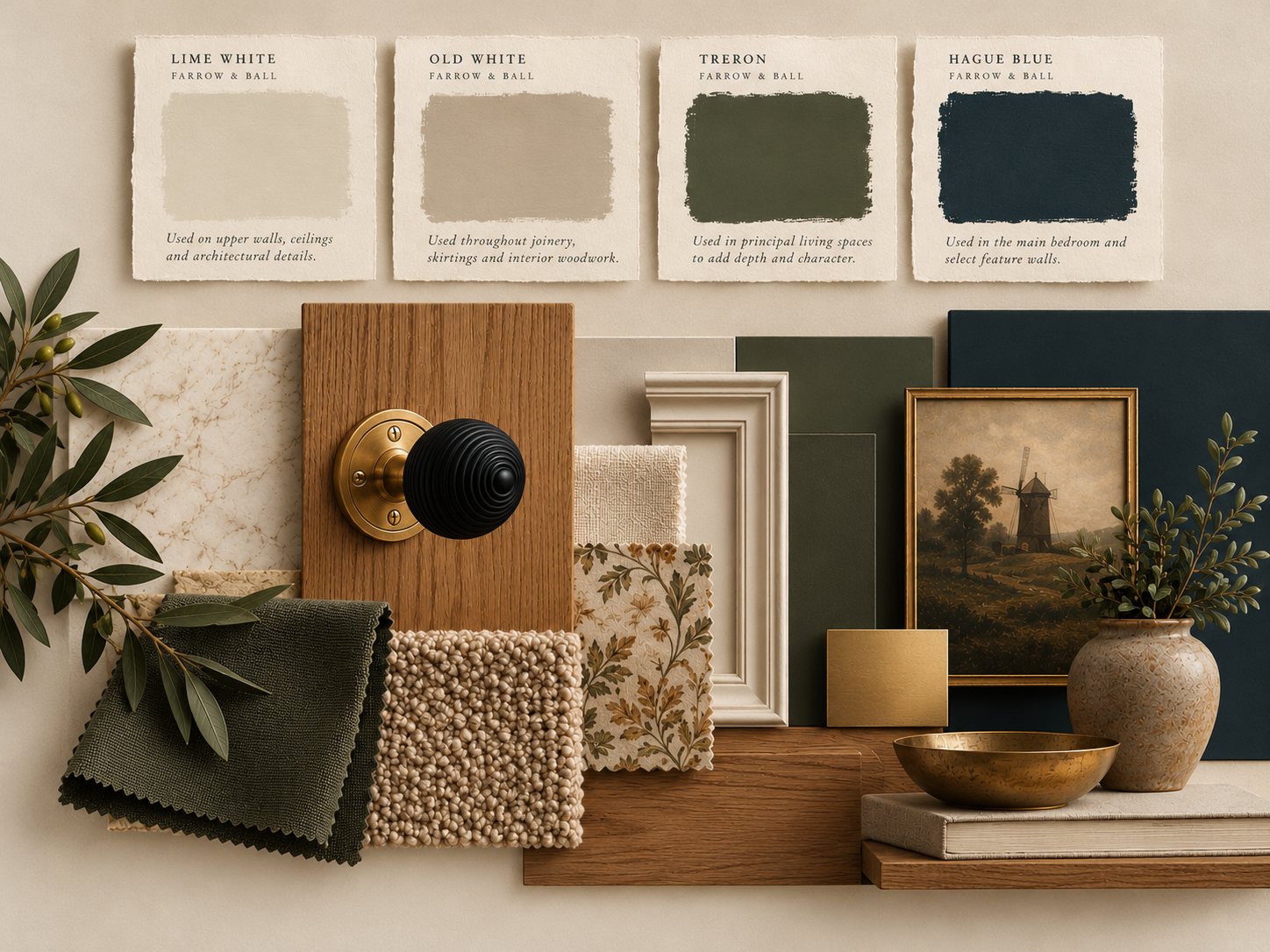 Materials moodboard with Farrow & Ball Lime White, Old White, Treron and Hague Blue samples, oak, brass and textiles