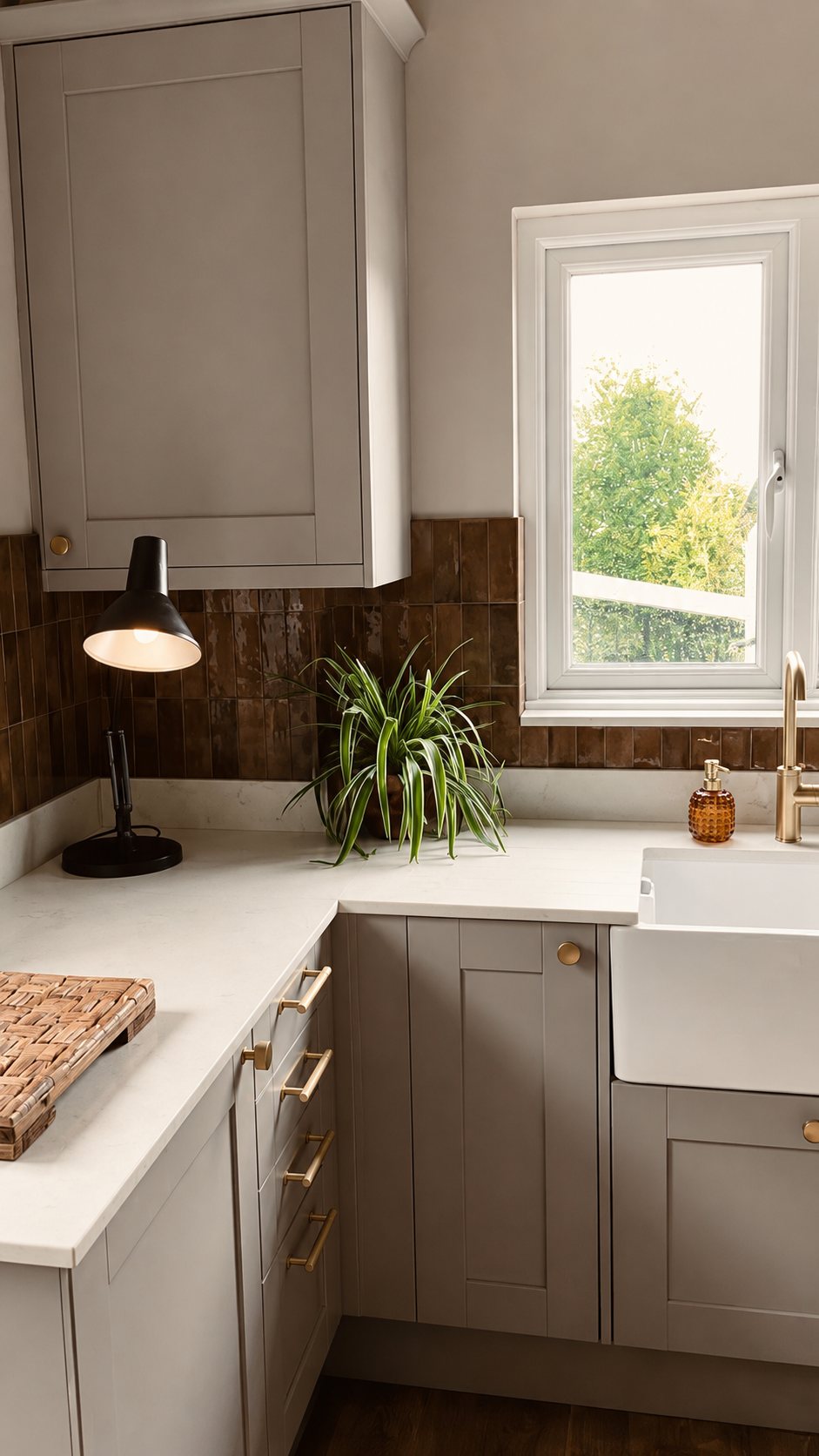 The renovated kitchen with grey shaker cabinetry, handmade brown tiles and a brass tap
