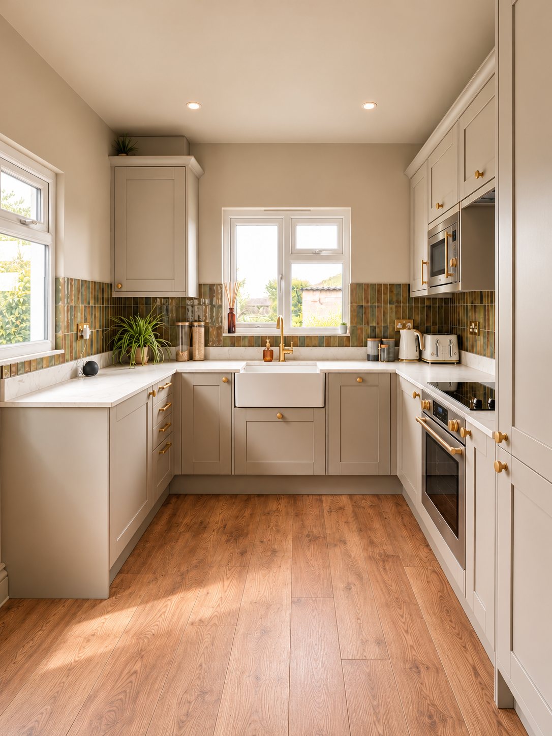U-shaped kitchen in warm taupe with brass handles and oak flooring