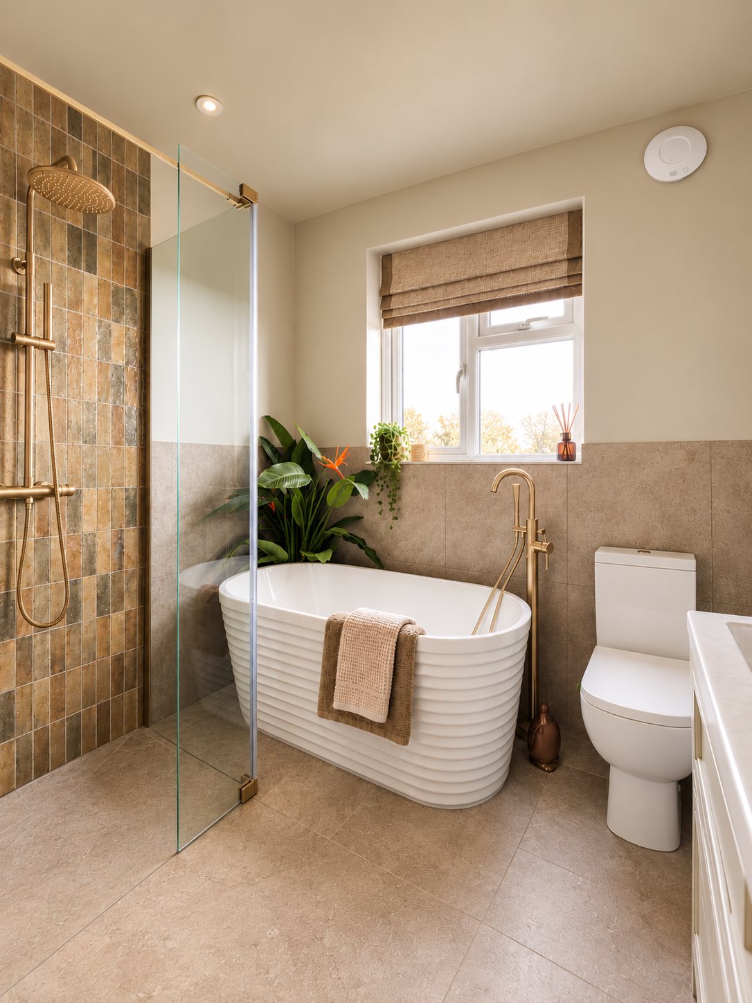 Warm beige bathroom with a freestanding tub and walk-in shower