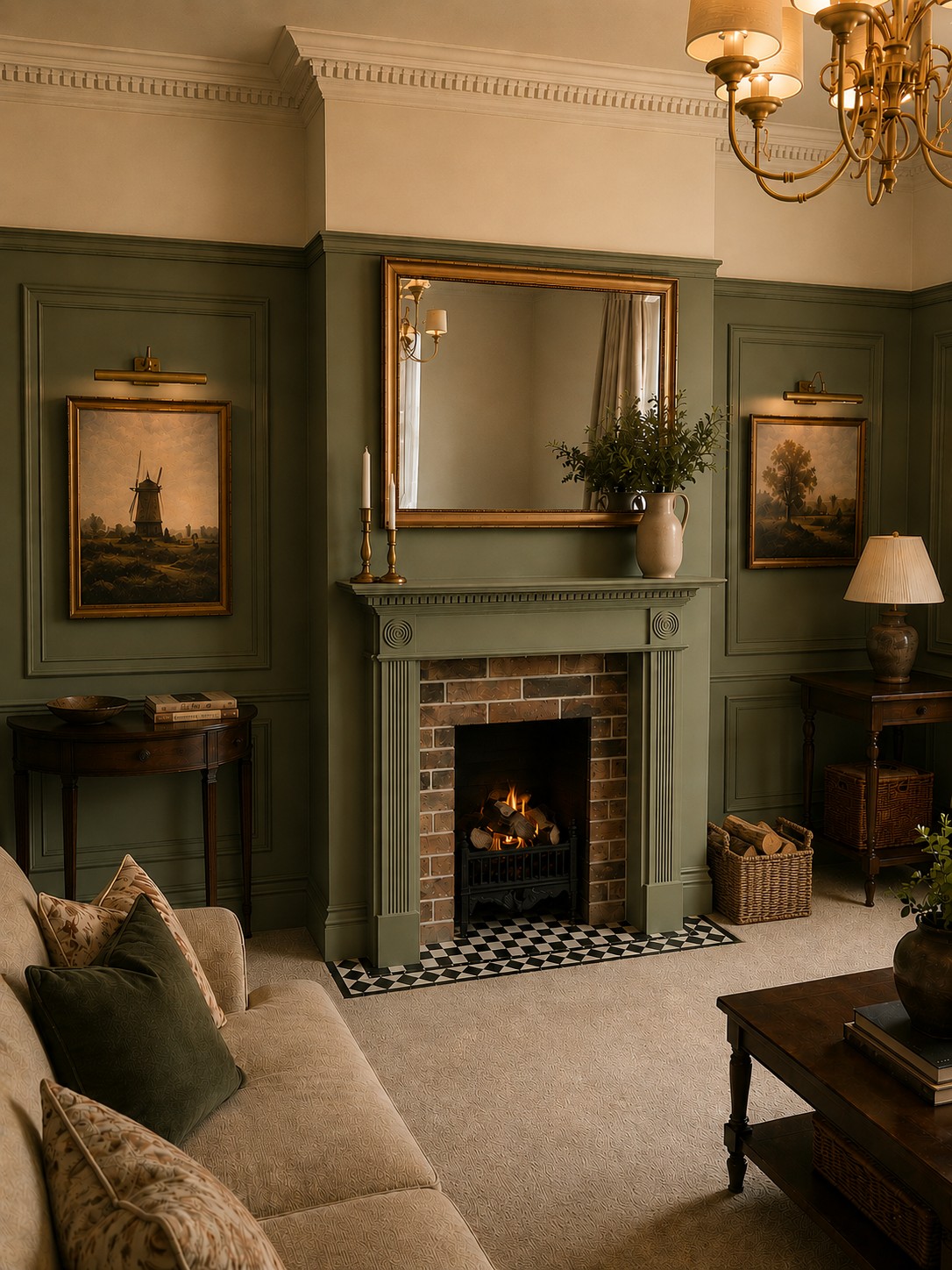 A warmly styled living room with an original fireplace, layered furnishings and considered lighting