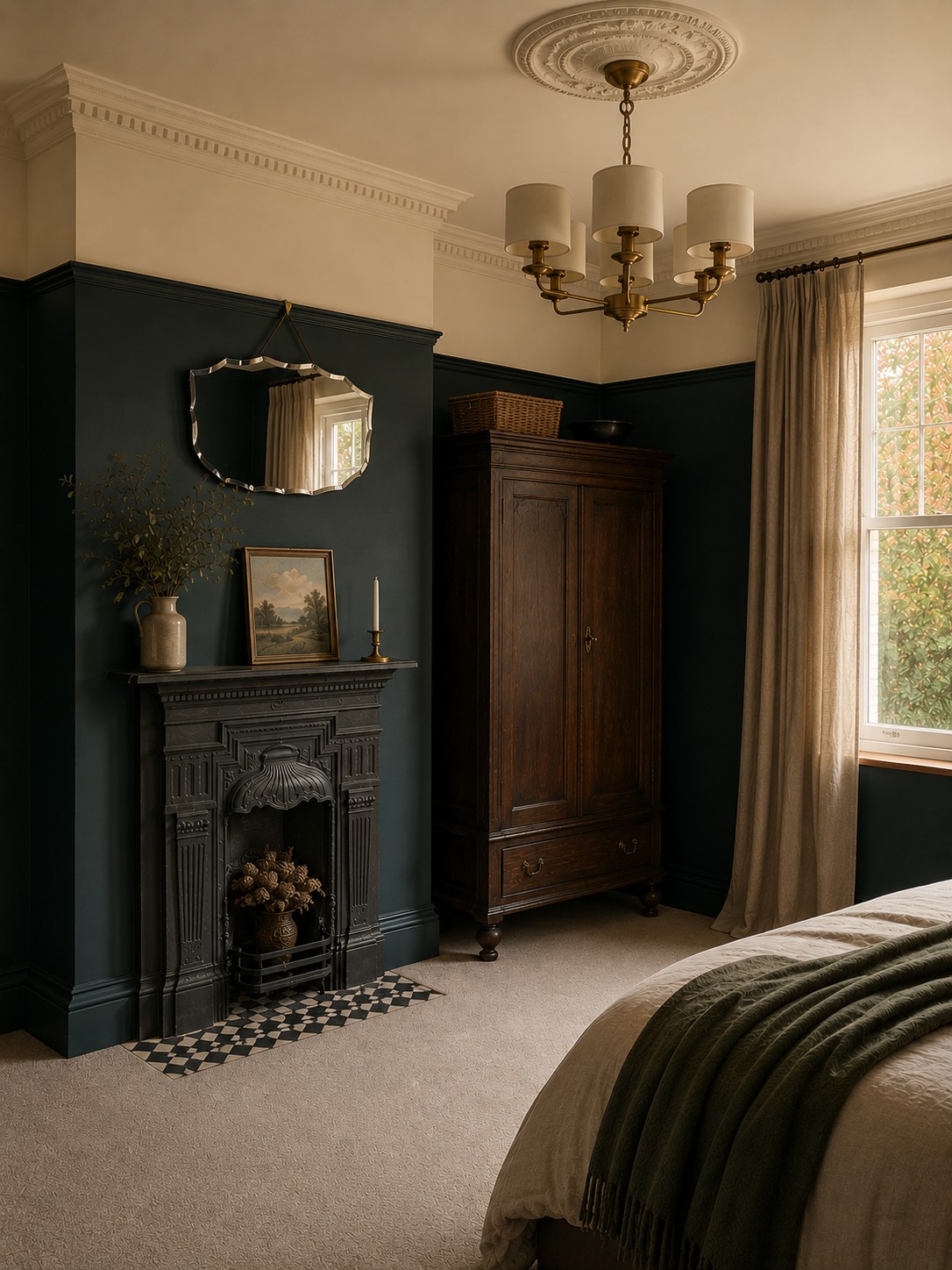A finished bedroom interior with rich architectural detailing and layered furnishings