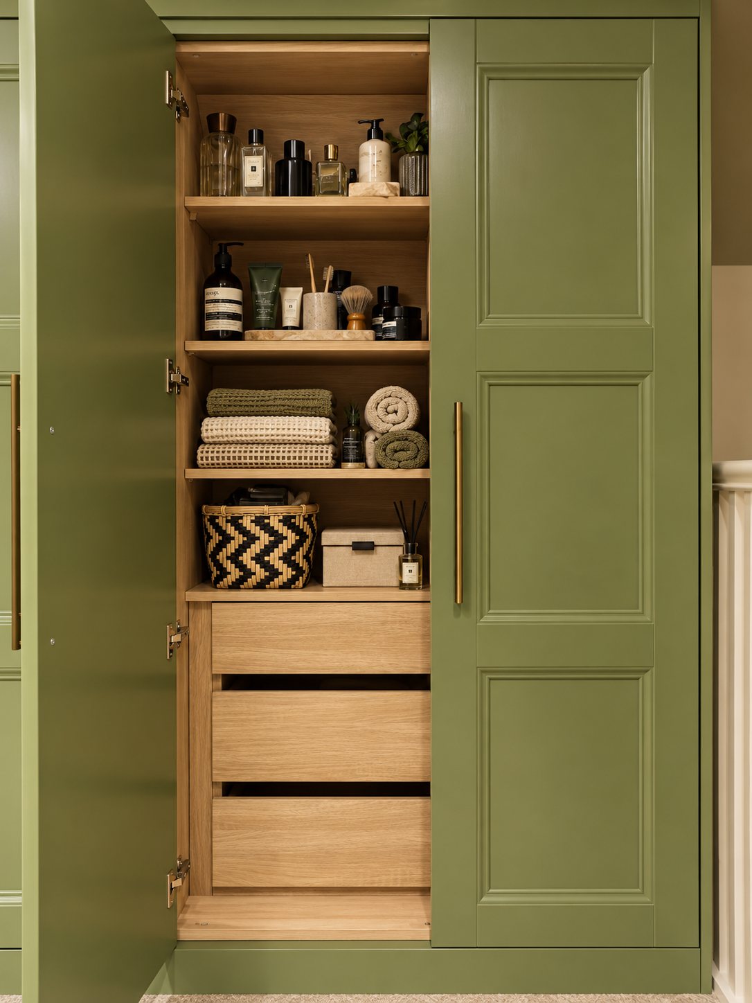 Open green wardrobe revealing oak shelving and drawers